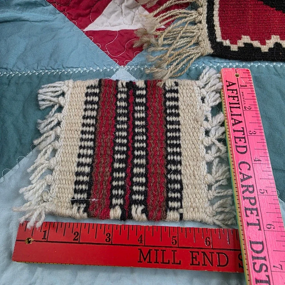 Vintage Southwest Woven Wool Mini Rug Mug Coasters Set of 3 Red Blue Cream
